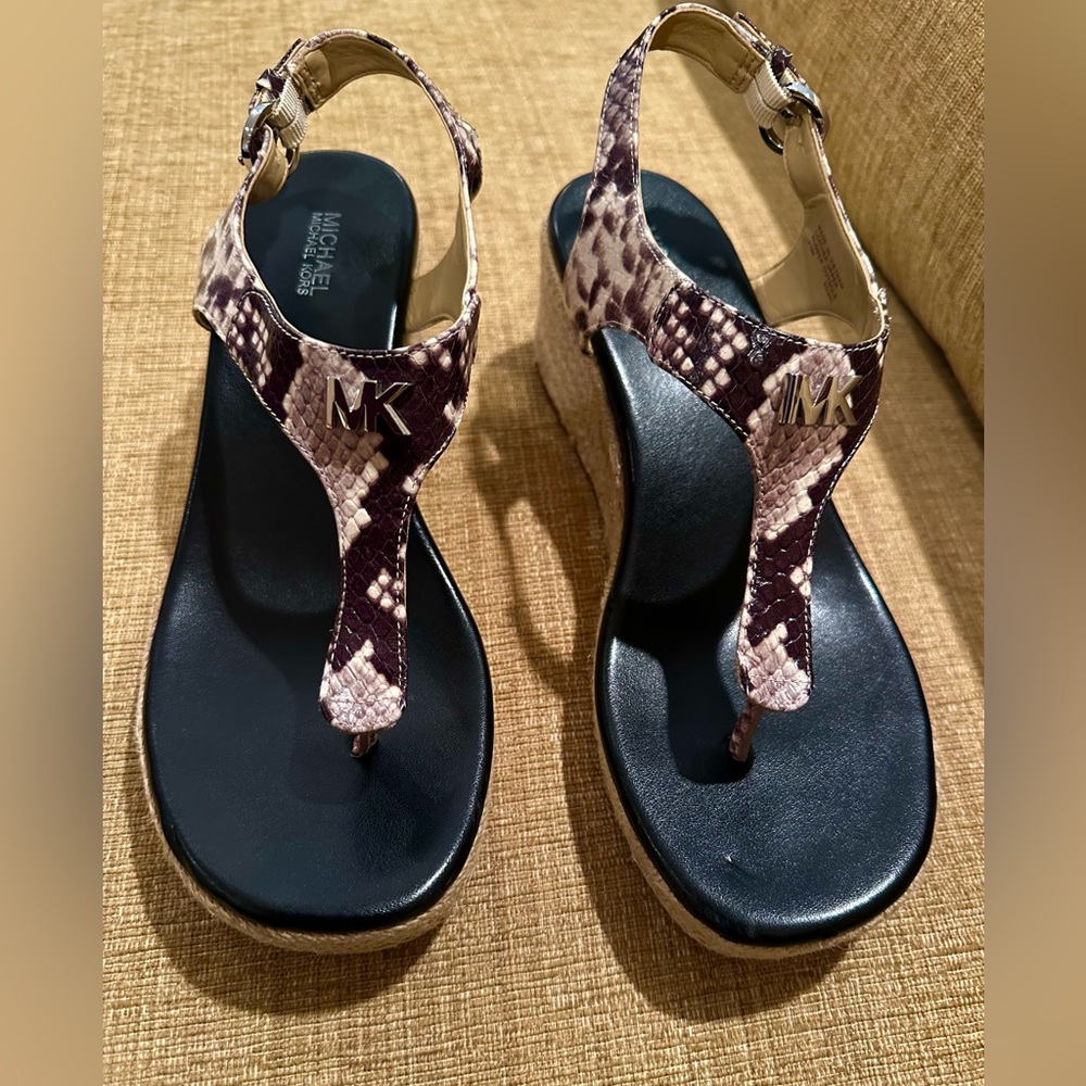 Michael Kors Snake Print Espadrille Wedge Sandals - Black and Cream - Picture 4 of 7